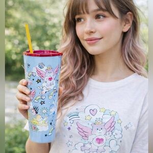 Care Bears Stainless Steel Tumbler w/ Lid & Straw 20oz Graffiti Scribble NEW